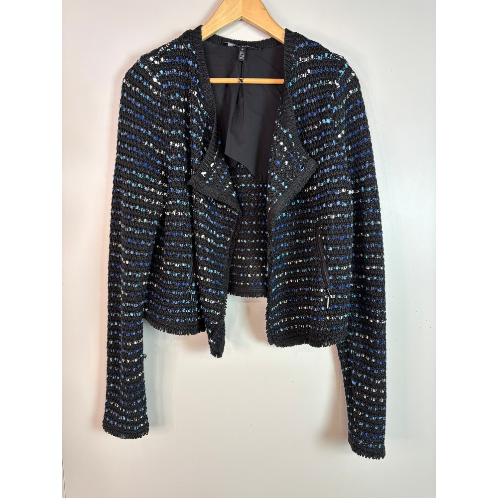 White House Black Market Cardigan Medium Black Blue Tweed Knit Open-Front